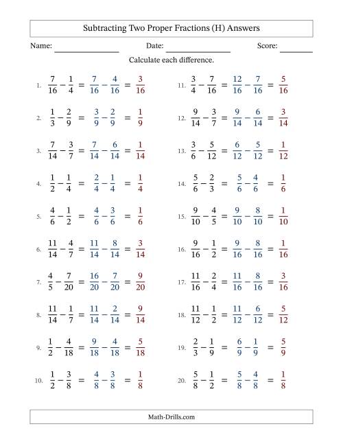 The Subtracting Two Proper Fractions with Similar Denominators, Proper Fractions Results and No Simplifying (Fillable) (H) Math Worksheet Page 2