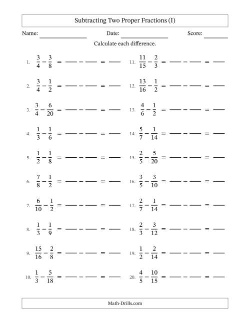 The Subtracting Two Proper Fractions with Similar Denominators, Proper Fractions Results and No Simplifying (Fillable) (I) Math Worksheet