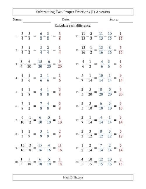 The Subtracting Two Proper Fractions with Similar Denominators, Proper Fractions Results and No Simplifying (Fillable) (I) Math Worksheet Page 2