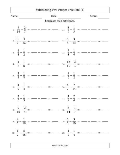 The Subtracting Two Proper Fractions with Similar Denominators, Proper Fractions Results and No Simplifying (Fillable) (J) Math Worksheet