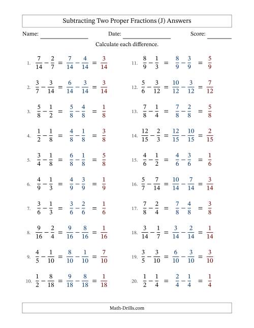 The Subtracting Two Proper Fractions with Similar Denominators, Proper Fractions Results and No Simplifying (Fillable) (J) Math Worksheet Page 2