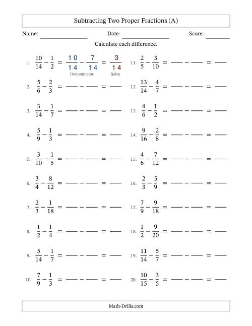 The Subtracting Two Proper Fractions with Similar Denominators, Proper Fractions Results and No Simplifying (Fillable) (All) Math Worksheet