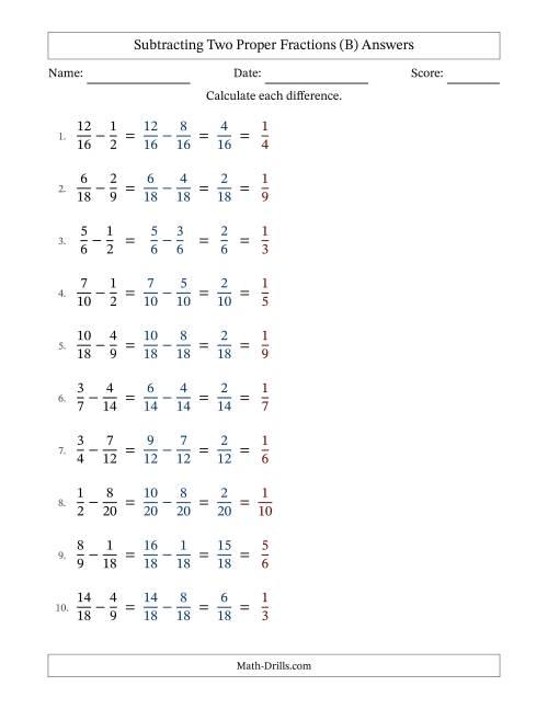 The Subtracting Two Proper Fractions with Similar Denominators, Proper Fractions Results and All Simplifying (Fillable) (B) Math Worksheet Page 2