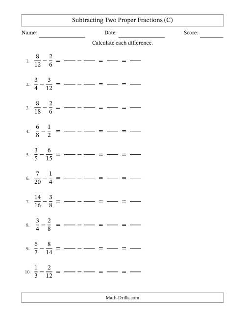 The Subtracting Two Proper Fractions with Similar Denominators, Proper Fractions Results and All Simplifying (Fillable) (C) Math Worksheet