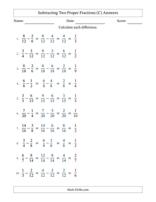 The Subtracting Two Proper Fractions with Similar Denominators, Proper Fractions Results and All Simplifying (Fillable) (C) Math Worksheet Page 2