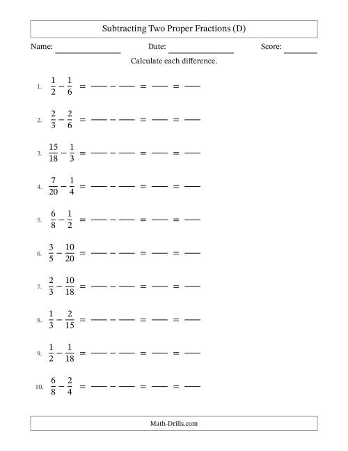 The Subtracting Two Proper Fractions with Similar Denominators, Proper Fractions Results and All Simplifying (Fillable) (D) Math Worksheet