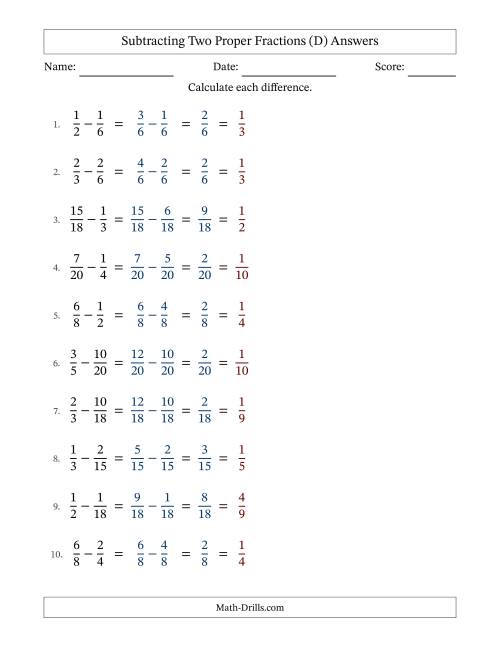 The Subtracting Two Proper Fractions with Similar Denominators, Proper Fractions Results and All Simplifying (Fillable) (D) Math Worksheet Page 2