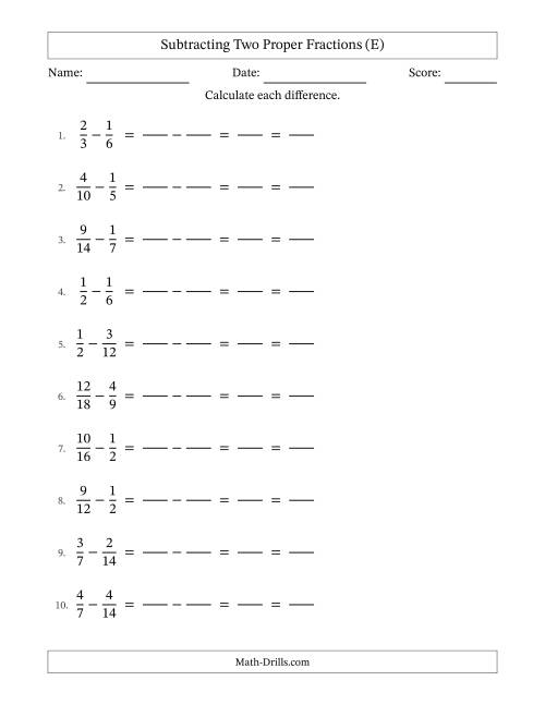 The Subtracting Two Proper Fractions with Similar Denominators, Proper Fractions Results and All Simplifying (Fillable) (E) Math Worksheet