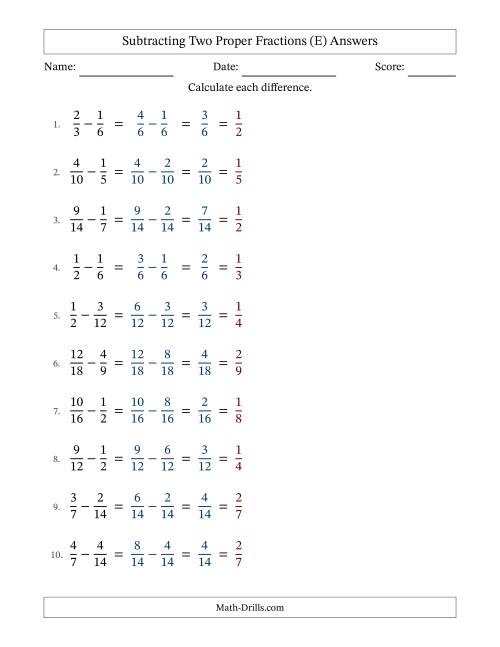 The Subtracting Two Proper Fractions with Similar Denominators, Proper Fractions Results and All Simplifying (Fillable) (E) Math Worksheet Page 2