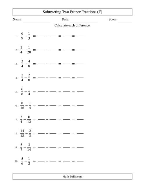 The Subtracting Two Proper Fractions with Similar Denominators, Proper Fractions Results and All Simplifying (Fillable) (F) Math Worksheet