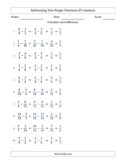 The Subtracting Two Proper Fractions with Similar Denominators, Proper Fractions Results and All Simplifying (Fillable) (F) Math Worksheet Page 2
