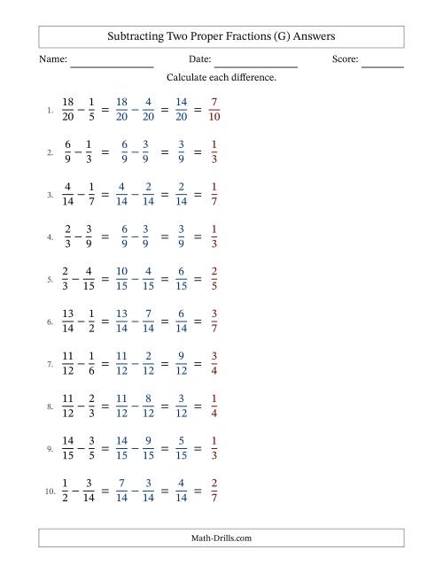 The Subtracting Two Proper Fractions with Similar Denominators, Proper Fractions Results and All Simplifying (Fillable) (G) Math Worksheet Page 2