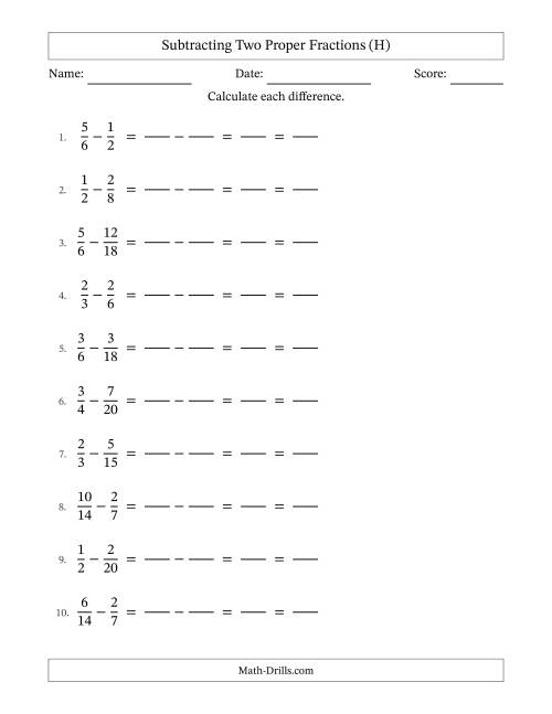 The Subtracting Two Proper Fractions with Similar Denominators, Proper Fractions Results and All Simplifying (Fillable) (H) Math Worksheet