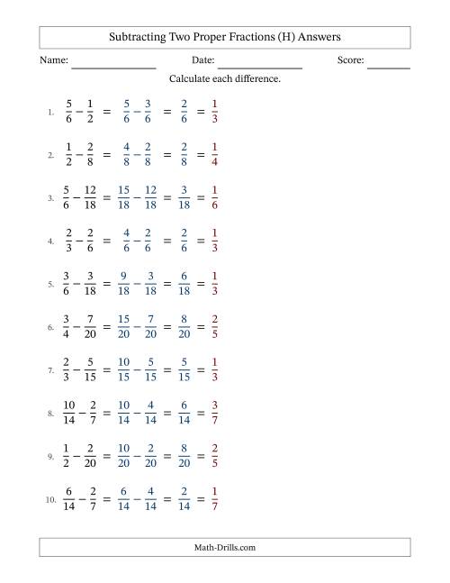 The Subtracting Two Proper Fractions with Similar Denominators, Proper Fractions Results and All Simplifying (Fillable) (H) Math Worksheet Page 2