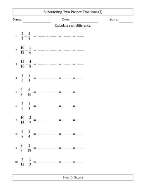 The Subtracting Two Proper Fractions with Similar Denominators, Proper Fractions Results and All Simplifying (Fillable) (I) Math Worksheet