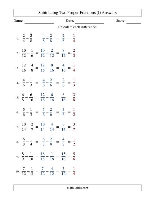 The Subtracting Two Proper Fractions with Similar Denominators, Proper Fractions Results and All Simplifying (Fillable) (I) Math Worksheet Page 2