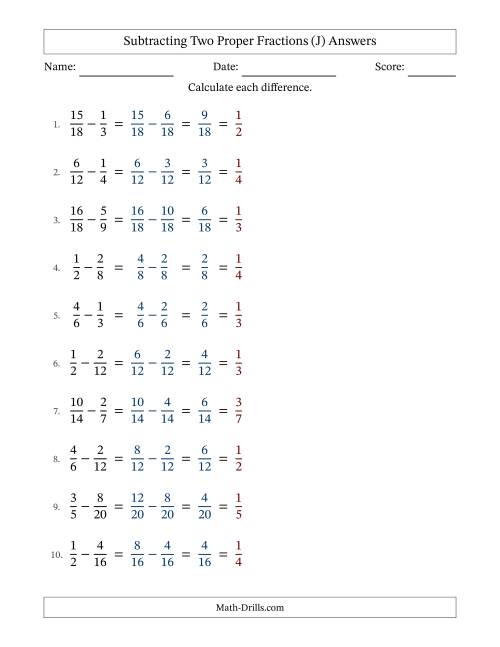 The Subtracting Two Proper Fractions with Similar Denominators, Proper Fractions Results and All Simplifying (Fillable) (J) Math Worksheet Page 2