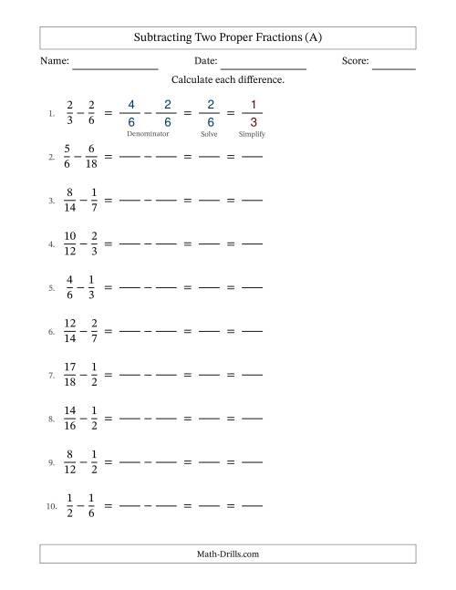 The Subtracting Two Proper Fractions with Similar Denominators, Proper Fractions Results and All Simplifying (Fillable) (All) Math Worksheet