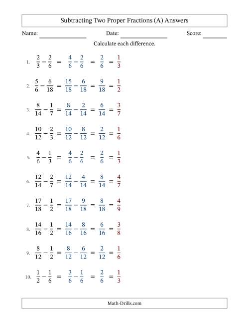 The Subtracting Two Proper Fractions with Similar Denominators, Proper Fractions Results and All Simplifying (Fillable) (All) Math Worksheet Page 2
