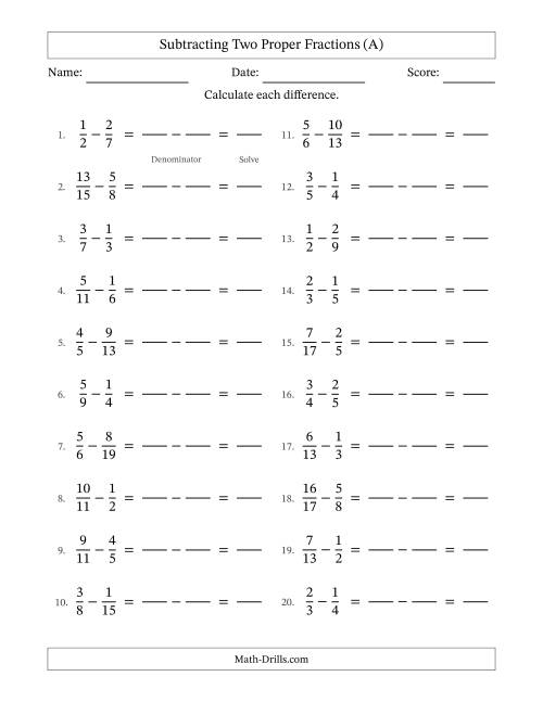The Subtracting Two Proper Fractions with Unlike Denominators, Proper Fractions Results and No Simplifying (Fillable) (A) Math Worksheet