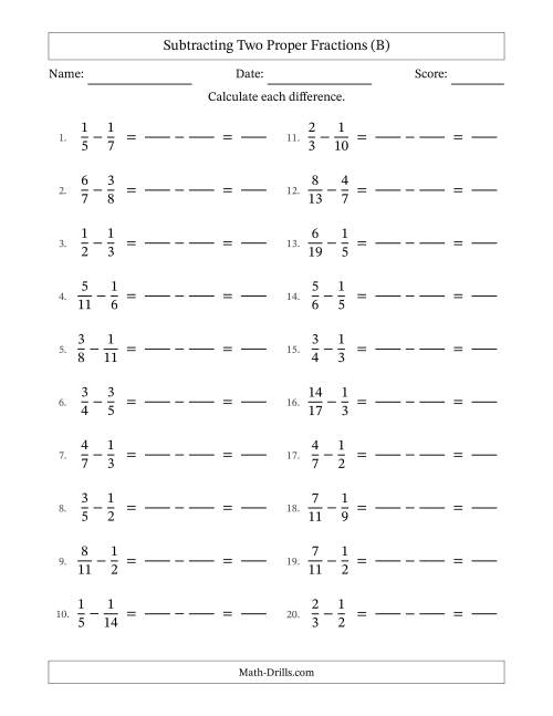 The Subtracting Two Proper Fractions with Unlike Denominators, Proper Fractions Results and No Simplifying (Fillable) (B) Math Worksheet