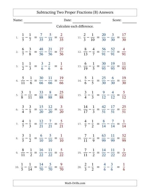 The Subtracting Two Proper Fractions with Unlike Denominators, Proper Fractions Results and No Simplifying (Fillable) (B) Math Worksheet Page 2