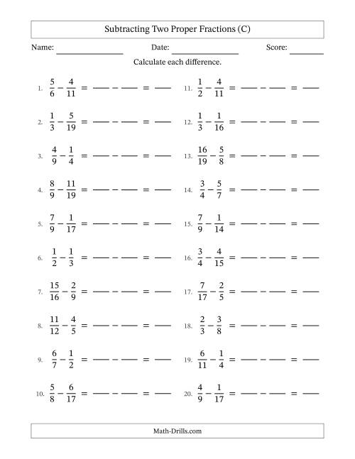 The Subtracting Two Proper Fractions with Unlike Denominators, Proper Fractions Results and No Simplifying (Fillable) (C) Math Worksheet