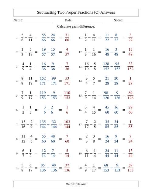 The Subtracting Two Proper Fractions with Unlike Denominators, Proper Fractions Results and No Simplifying (Fillable) (C) Math Worksheet Page 2