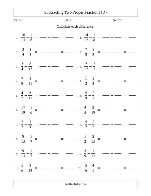 The Subtracting Two Proper Fractions with Unlike Denominators, Proper Fractions Results and No Simplifying (Fillable) (D) Math Worksheet