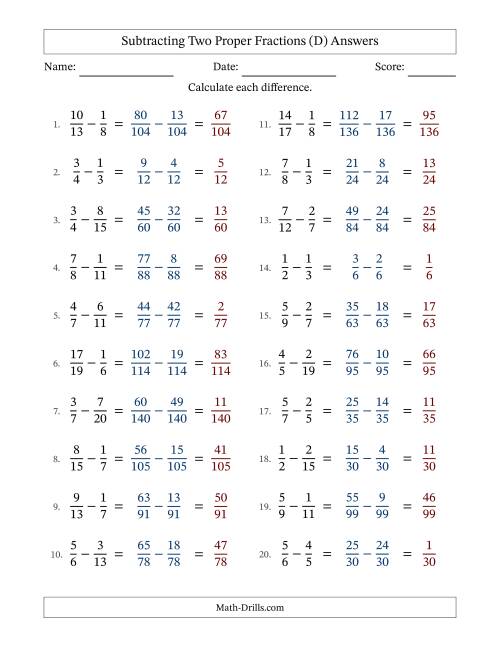 The Subtracting Two Proper Fractions with Unlike Denominators, Proper Fractions Results and No Simplifying (Fillable) (D) Math Worksheet Page 2