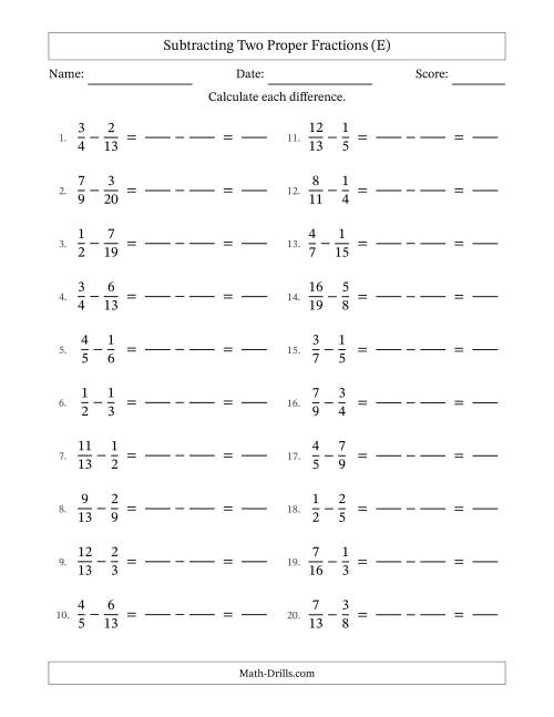 The Subtracting Two Proper Fractions with Unlike Denominators, Proper Fractions Results and No Simplifying (Fillable) (E) Math Worksheet