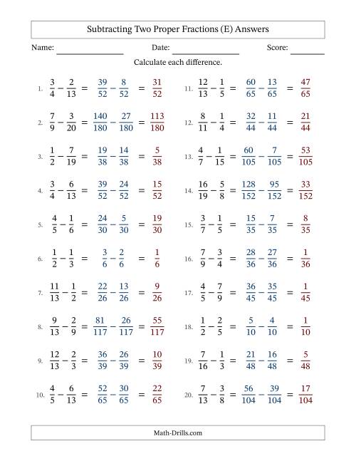 The Subtracting Two Proper Fractions with Unlike Denominators, Proper Fractions Results and No Simplifying (Fillable) (E) Math Worksheet Page 2