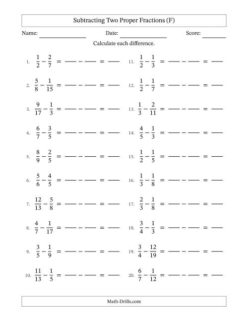 The Subtracting Two Proper Fractions with Unlike Denominators, Proper Fractions Results and No Simplifying (Fillable) (F) Math Worksheet