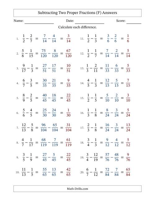 The Subtracting Two Proper Fractions with Unlike Denominators, Proper Fractions Results and No Simplifying (Fillable) (F) Math Worksheet Page 2