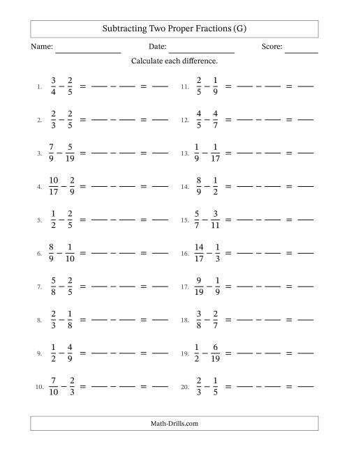 The Subtracting Two Proper Fractions with Unlike Denominators, Proper Fractions Results and No Simplifying (Fillable) (G) Math Worksheet