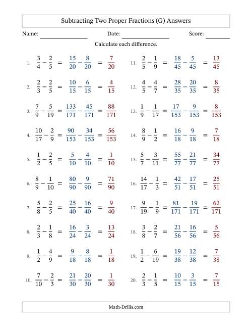 The Subtracting Two Proper Fractions with Unlike Denominators, Proper Fractions Results and No Simplifying (Fillable) (G) Math Worksheet Page 2