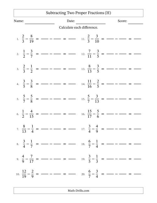 The Subtracting Two Proper Fractions with Unlike Denominators, Proper Fractions Results and No Simplifying (Fillable) (H) Math Worksheet