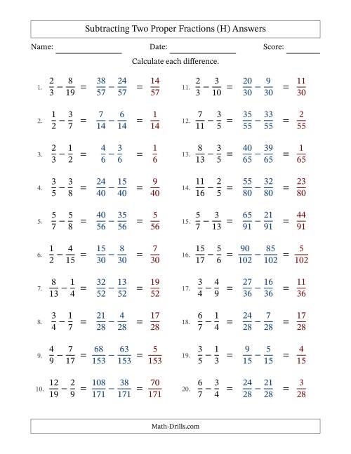 The Subtracting Two Proper Fractions with Unlike Denominators, Proper Fractions Results and No Simplifying (Fillable) (H) Math Worksheet Page 2