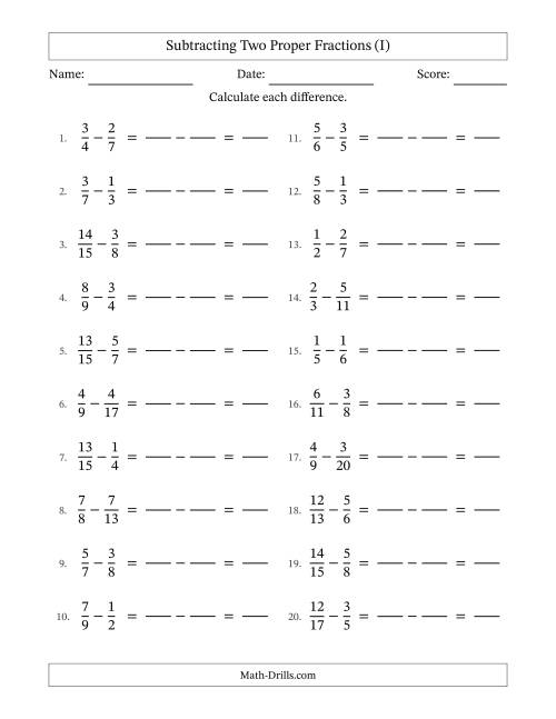 The Subtracting Two Proper Fractions with Unlike Denominators, Proper Fractions Results and No Simplifying (Fillable) (I) Math Worksheet
