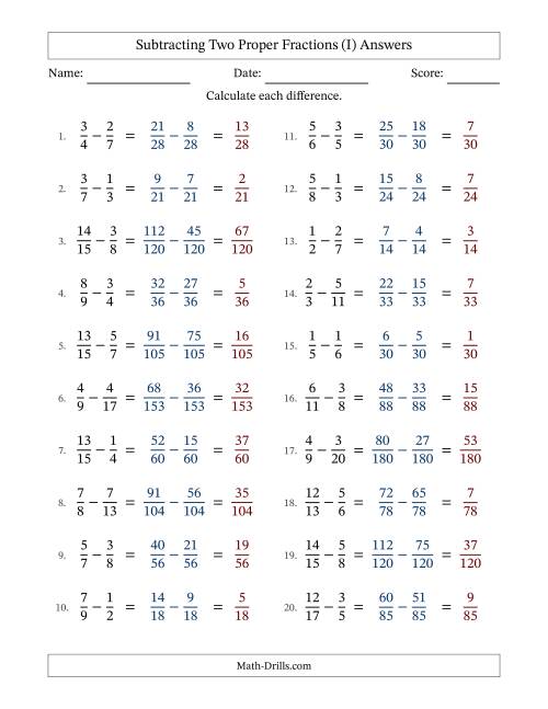The Subtracting Two Proper Fractions with Unlike Denominators, Proper Fractions Results and No Simplifying (Fillable) (I) Math Worksheet Page 2