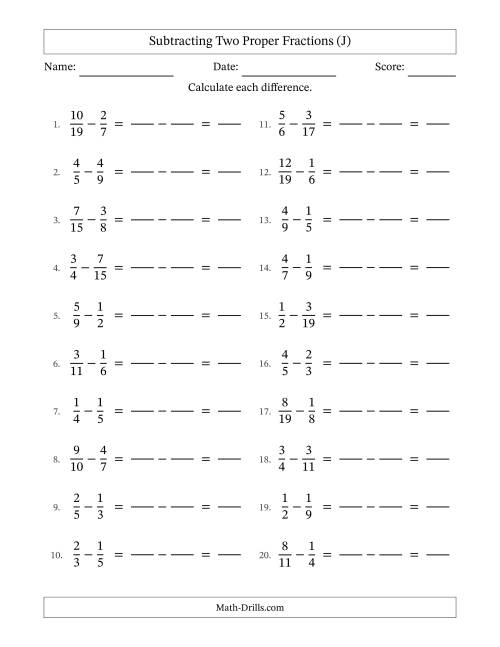 The Subtracting Two Proper Fractions with Unlike Denominators, Proper Fractions Results and No Simplifying (Fillable) (J) Math Worksheet