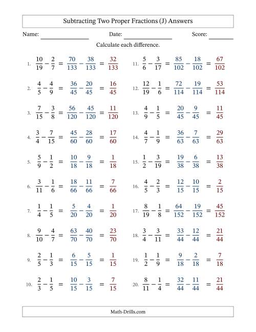 The Subtracting Two Proper Fractions with Unlike Denominators, Proper Fractions Results and No Simplifying (Fillable) (J) Math Worksheet Page 2