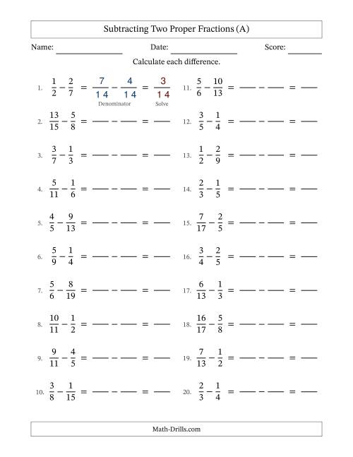 The Subtracting Two Proper Fractions with Unlike Denominators, Proper Fractions Results and No Simplifying (Fillable) (All) Math Worksheet