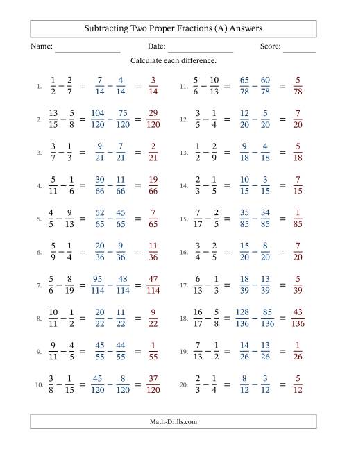 The Subtracting Two Proper Fractions with Unlike Denominators, Proper Fractions Results and No Simplifying (Fillable) (All) Math Worksheet Page 2