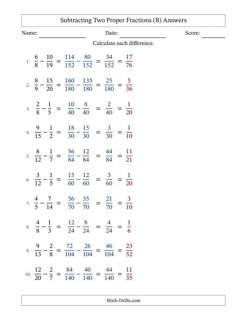 The Subtracting Two Proper Fractions with Unlike Denominators, Proper Fractions Results and All Simplifying (Fillable) (B) Math Worksheet Page 2
