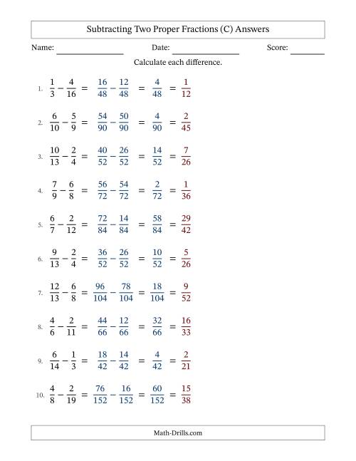 The Subtracting Two Proper Fractions with Unlike Denominators, Proper Fractions Results and All Simplifying (Fillable) (C) Math Worksheet Page 2