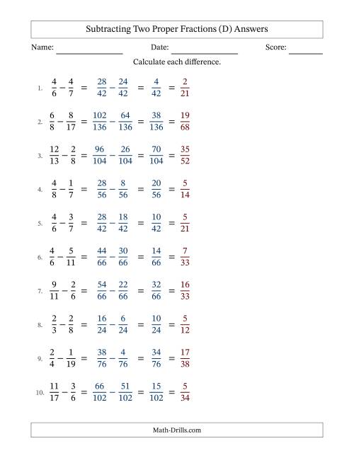 The Subtracting Two Proper Fractions with Unlike Denominators, Proper Fractions Results and All Simplifying (Fillable) (D) Math Worksheet Page 2