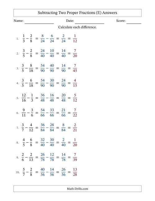 The Subtracting Two Proper Fractions with Unlike Denominators, Proper Fractions Results and All Simplifying (Fillable) (E) Math Worksheet Page 2
