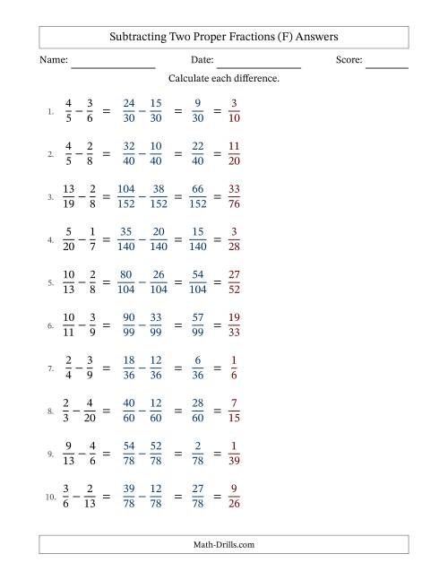 The Subtracting Two Proper Fractions with Unlike Denominators, Proper Fractions Results and All Simplifying (Fillable) (F) Math Worksheet Page 2