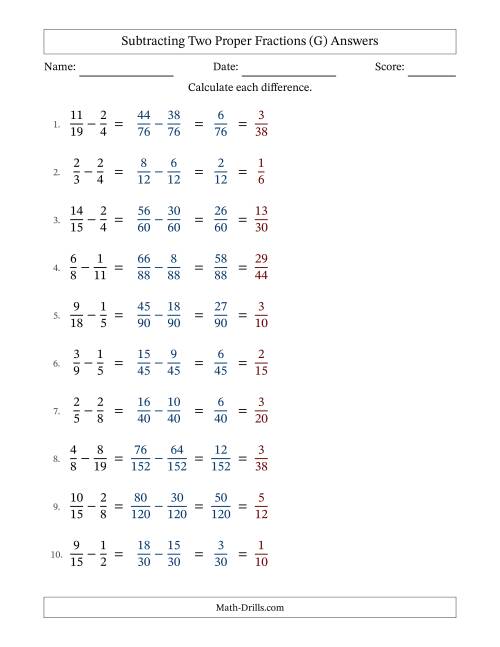 The Subtracting Two Proper Fractions with Unlike Denominators, Proper Fractions Results and All Simplifying (Fillable) (G) Math Worksheet Page 2